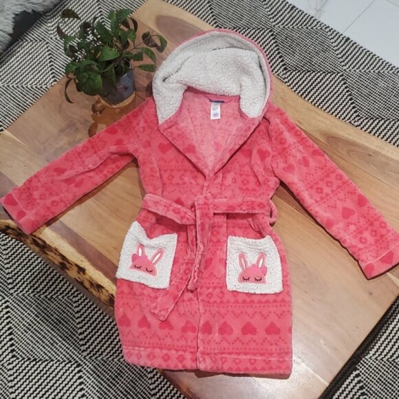 Cute Pink Cozy Bunny + Heart Print Fleece Robe - Picture 1 of 10